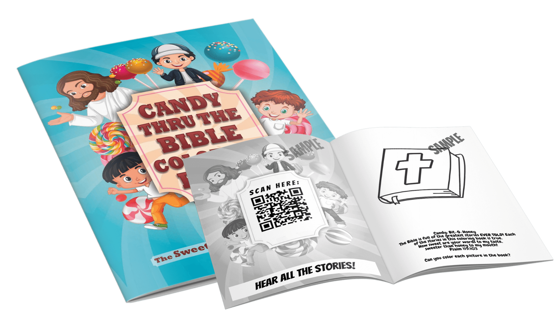 Bible story coloring book cover and sample pages