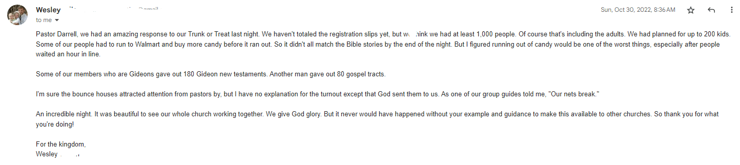 email screenshot from a church that did the Gospel Trunk or Treat outreach and had 1,000 people
